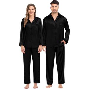image:imageSWOMOG Family Matching Pajama Satin Pajamas Long Sleeve Sleepwear Button Down Loungewear 2 Pcs Pj SetPure Black