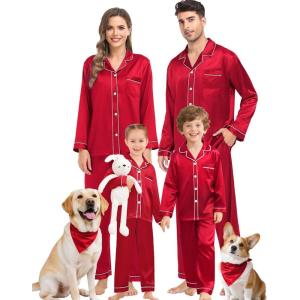 image:imageSWOMOG Family Matching Pajama Satin Pajamas Long Sleeve Sleepwear Button Down Loungewear 2 Pcs Pj SetRed