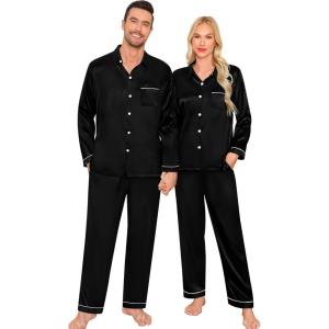 image:imageSWOMOG Family Matching Pajama Satin Pajamas Long Sleeve Sleepwear Button Down Loungewear 2 Pcs Pj SetZ Black With Classic Collar