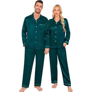 image:imageSWOMOG Family Matching Pajama Satin Pajamas Long Sleeve Sleepwear Button Down Loungewear 2 Pcs Pj SetZ Deep Green With Classic Collar