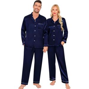 image:imageSWOMOG Family Matching Pajama Satin Pajamas Long Sleeve Sleepwear Button Down Loungewear 2 Pcs Pj SetZ Deep Navy Blue With Classic Collar
