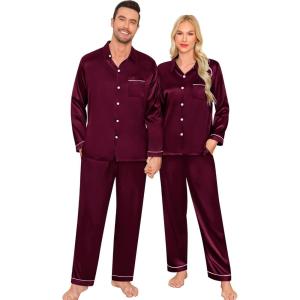 image:imageSWOMOG Family Matching Pajama Satin Pajamas Long Sleeve Sleepwear Button Down Loungewear 2 Pcs Pj SetZ Deep Wine Red With Classic Collar