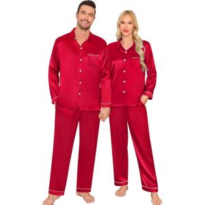 image:imageSWOMOG Family Matching Pajama Satin Pajamas Long Sleeve Sleepwear Button Down Loungewear 2 Pcs Pj SetZ Red With Classic Collar