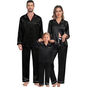image:imageSWOMOG Family Matching Pajama Set 2Pcs Silk Satin Sleepwear Long Sleeve Button Down LoungewearBlack
