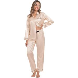 image:imageSWOMOG Family Matching Pajama Set 2Pcs Silk Satin Sleepwear Long Sleeve Button Down LoungewearChampagne