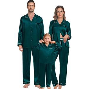 image:imageSWOMOG Family Matching Pajama Set 2Pcs Silk Satin Sleepwear Long Sleeve Button Down LoungewearDark Green