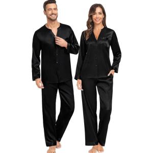 image:imageSWOMOG Family Matching Pajama Set 2Pcs Silk Satin Sleepwear Long Sleeve Button Down LoungewearDeep Black