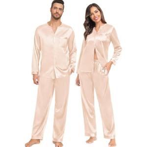 image:imageSWOMOG Family Matching Pajama Set 2Pcs Silk Satin Sleepwear Long Sleeve Button Down LoungewearDeep Champagne