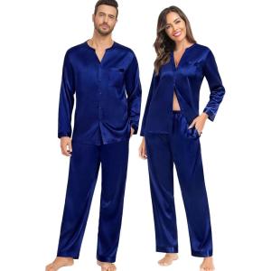 image:imageSWOMOG Family Matching Pajama Set 2Pcs Silk Satin Sleepwear Long Sleeve Button Down LoungewearDeep Navy Blue