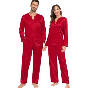 image:imageSWOMOG Family Matching Pajama Set 2Pcs Silk Satin Sleepwear Long Sleeve Button Down LoungewearDeep Red