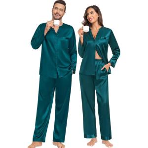 image:imageSWOMOG Family Matching Pajama Set 2Pcs Silk Satin Sleepwear Long Sleeve Button Down LoungewearGreen