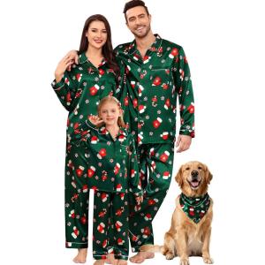 image:imageSWOMOG Family Matching Pajama Set 2Pcs Silk Satin Sleepwear Long Sleeve Button Down LoungewearGreen Christmas Santa