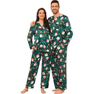 image:imageSWOMOG Family Matching Pajama Set 2Pcs Silk Satin Sleepwear Long Sleeve Button Down LoungewearGreen Santa
