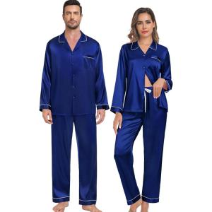 image:imageSWOMOG Family Matching Pajama Set 2Pcs Silk Satin Sleepwear Long Sleeve Button Down LoungewearNavy Blue