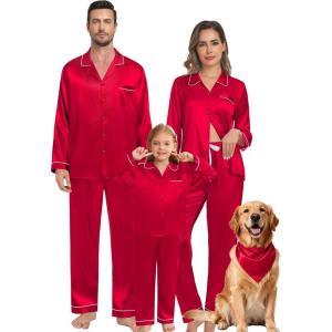 image:imageSWOMOG Family Matching Pajama Set 2Pcs Silk Satin Sleepwear Long Sleeve Button Down LoungewearRed