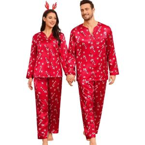 image:imageSWOMOG Family Matching Pajama Set 2Pcs Silk Satin Sleepwear Long Sleeve Button Down LoungewearRed Candy Cane