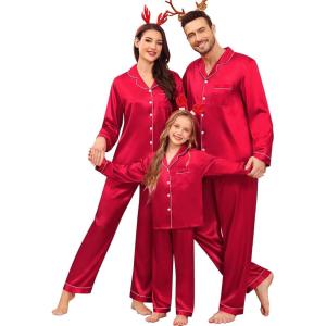 image:imageSWOMOG Family Matching Pajamas Set Satin Long Sleeve Button Down 2 PCS Pjs Pajama Top amp Pants Holiday Sleepwear SetRed