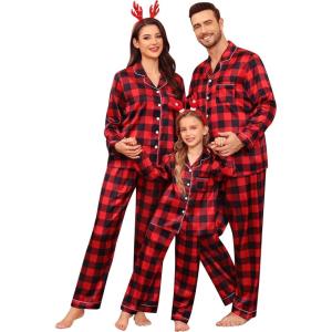 image:imageSWOMOG Family Matching Pajamas Set Satin Long Sleeve Button Down 2 PCS Pjs Pajama Top amp Pants Holiday Sleepwear SetRed With Black Grid
