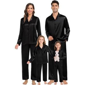 image:imageSWOMOG Family Matching Pajamas Silk Satin Long Sleeve Sleepwear Soft Button Down Loungewear 2 Pcs Pj SetBlack