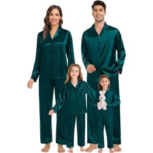 image:imageSWOMOG Family Matching Pajamas Silk Satin Long Sleeve Sleepwear Soft Button Down Loungewear 2 Pcs Pj SetDark Green