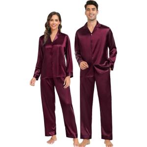 image:imageSWOMOG Family Matching Pajamas Silk Satin Long Sleeve Sleepwear Soft Button Down Loungewear 2 Pcs Pj SetDark Wine Red
