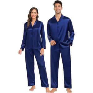 image:imageSWOMOG Family Matching Pajamas Silk Satin Long Sleeve Sleepwear Soft Button Down Loungewear 2 Pcs Pj SetNavy Blue
