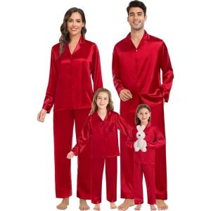 image:imageSWOMOG Family Matching Pajamas Silk Satin Long Sleeve Sleepwear Soft Button Down Loungewear 2 Pcs Pj SetRed