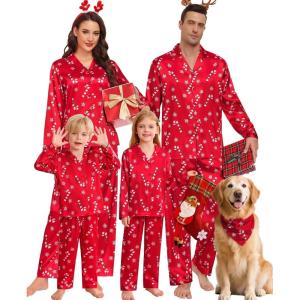 image:imageSWOMOG Family Matching Pajamas Silk Satin Long Sleeve Sleepwear Soft Button Down Loungewear 2 Pcs Pj SetRed Candy Cane