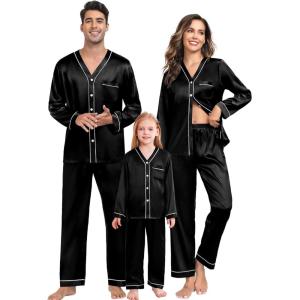 image:imageSWOMOG Family Satin Pajamas Sets Long Sleeve ButtonDown Sleepwear Silky TwoPieces Loungewear PJs SetsBlack