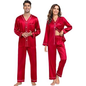 image:imageSWOMOG Family Satin Pajamas Sets Long Sleeve ButtonDown Sleepwear Silky TwoPieces Loungewear PJs SetsCamellia Red