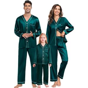 image:imageSWOMOG Family Satin Pajamas Sets Long Sleeve ButtonDown Sleepwear Silky TwoPieces Loungewear PJs SetsDark Green