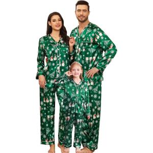 image:imageSWOMOG Family Satin Pajamas Sets Long Sleeve ButtonDown Sleepwear Silky TwoPieces Loungewear PJs SetsGreen Snowman