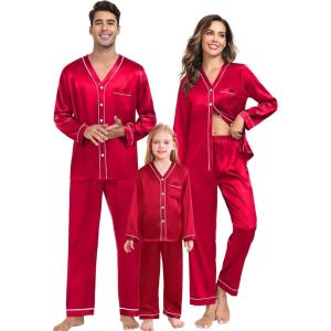 image:imageSWOMOG Family Satin Pajamas Sets Long Sleeve ButtonDown Sleepwear Silky TwoPieces Loungewear PJs SetsRed