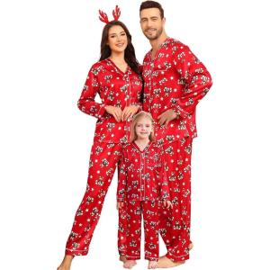 image:imageSWOMOG Family Satin Pajamas Sets Long Sleeve ButtonDown Sleepwear Silky TwoPieces Loungewear PJs SetsRed Candy Flower