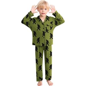 image:imageSWOMOG Girls Pajamas Set Kids Button Down Cute Print Pjs Sets Pant 2 Piece Soft Long Sleeve Sleepwear LoungewearArmy Green Bigfoot