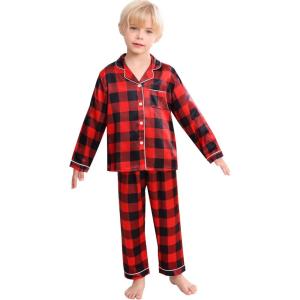 image:imageSWOMOG Girls Pajamas Set Kids Button Down Cute Print Pjs Sets Pant 2 Piece Soft Long Sleeve Sleepwear LoungewearBlack  Red Plaid