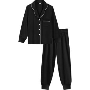 image:imageSWOMOG Girls Pajamas Set Kids Button Down Cute Print Pjs Sets Pant 2 Piece Soft Long Sleeve Sleepwear LoungewearBlack