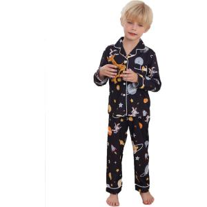 image:imageSWOMOG Girls Pajamas Set Kids Button Down Cute Print Pjs Sets Pant 2 Piece Soft Long Sleeve Sleepwear LoungewearBlack Astronauts