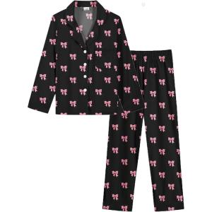 image:imageSWOMOG Girls Pajamas Set Kids Button Down Cute Print Pjs Sets Pant 2 Piece Soft Long Sleeve Sleepwear LoungewearBlack Bow
