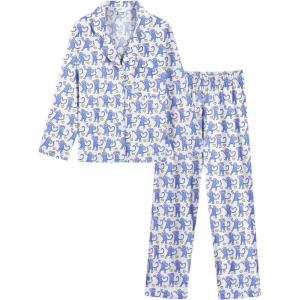 image:imageSWOMOG Girls Pajamas Set Kids Button Down Cute Print Pjs Sets Pant 2 Piece Soft Long Sleeve Sleepwear LoungewearBlue Monkey