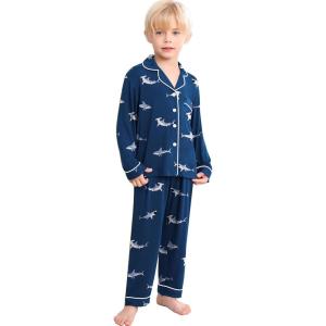 image:imageSWOMOG Girls Pajamas Set Kids Button Down Cute Print Pjs Sets Pant 2 Piece Soft Long Sleeve Sleepwear LoungewearBlue Shark
