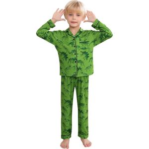 image:imageSWOMOG Girls Pajamas Set Kids Button Down Cute Print Pjs Sets Pant 2 Piece Soft Long Sleeve Sleepwear LoungewearGreen Dinosaur