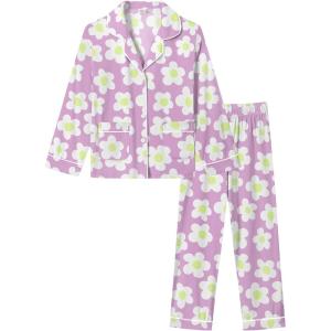image:imageSWOMOG Girls Pajamas Set Kids Button Down Cute Print Pjs Sets Pant 2 Piece Soft Long Sleeve Sleepwear LoungewearLavender Flower