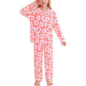 image:imageSWOMOG Girls Pajamas Set Kids Button Down Cute Print Pjs Sets Pant 2 Piece Soft Long Sleeve Sleepwear LoungewearPink Flower