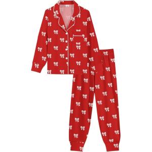 image:imageSWOMOG Girls Pajamas Set Kids Button Down Cute Print Pjs Sets Pant 2 Piece Soft Long Sleeve Sleepwear LoungewearRed Bow