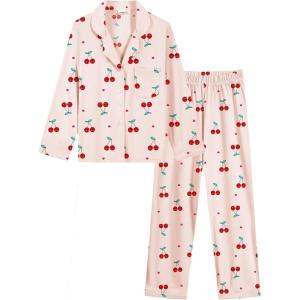 image:imageSWOMOG Girls Pajamas Set Kids Button Down Cute Print Pjs Sets Pant 2 Piece Soft Long Sleeve Sleepwear LoungewearYellow Cherry