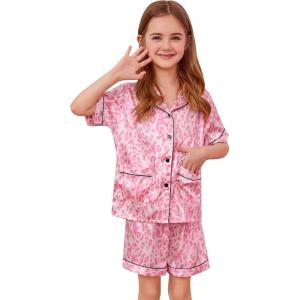 image:imageSWOMOG Girls Pajamas Silk Satin Pajama Set Short Sleeve Button Down Sleepwear Soft Cute PJs with Ruffle Shorts LoungewearLeopard Print