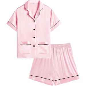 image:imageSWOMOG Girls Pajamas Silk Satin Pajama Set Short Sleeve Button Down Sleepwear Soft Cute PJs with Ruffle Shorts LoungewearLight Pink
