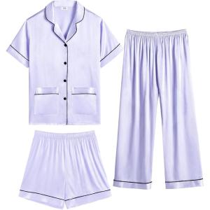image:imageSWOMOG Girls Pajamas Silk Satin Pajama Set Short Sleeve Button Down Sleepwear Soft Cute PJs with Ruffle Shorts LoungewearLilac