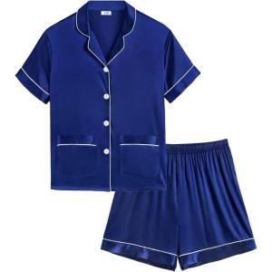 image:imageSWOMOG Girls Pajamas Silk Satin Pajama Set Short Sleeve Button Down Sleepwear Soft Cute PJs with Ruffle Shorts LoungewearMidnight Blue